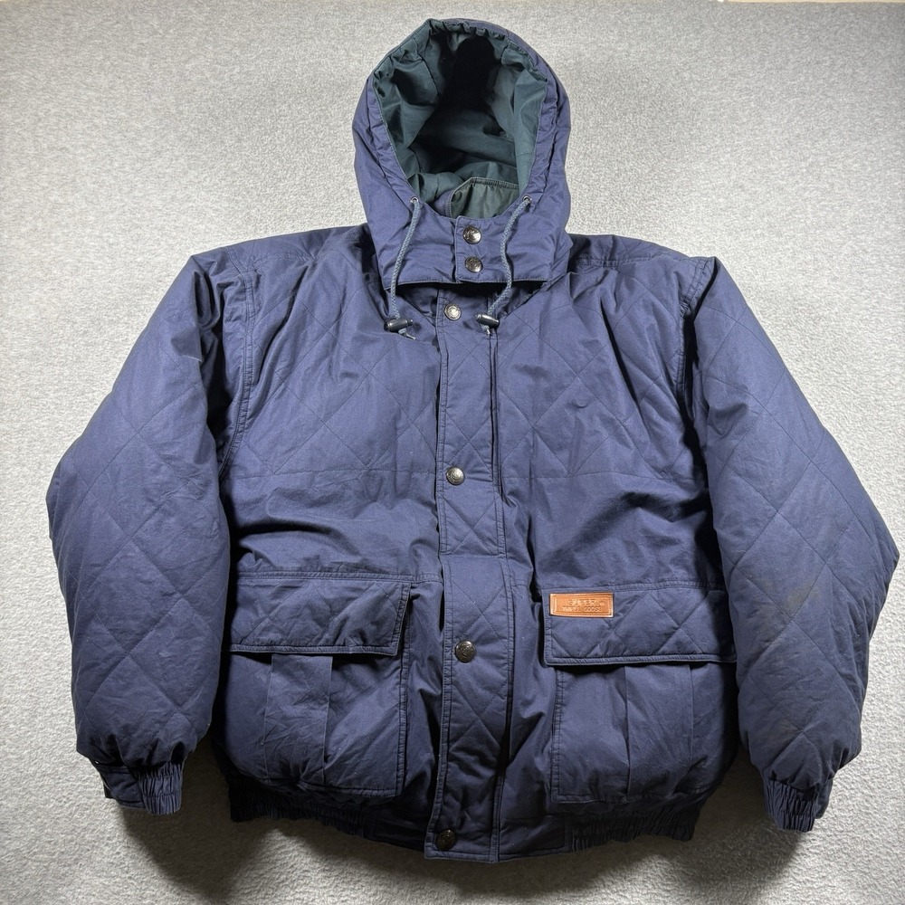 Vtg 90s Super Triple Goose Down Puffer Jacket Mens Large Hooded Navy Blue Coat